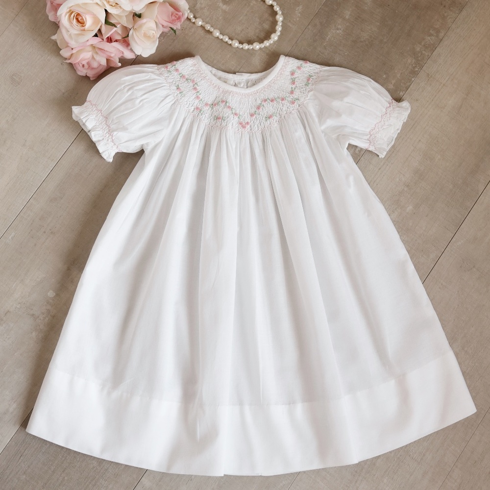 Strasburg Dress White Cotton Bishop Smocked Hand Embroidery Special Occasion